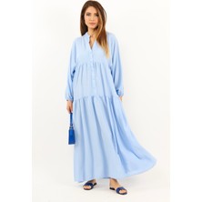 Ritnice Prive Kadın Base %100 Viskon Mavi Maksi Boy Katlı Balon Kol Uzun Yazlık Elbise