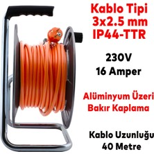 Badem10 Makaralı Seyyar Kablo Kapaklı 4 Prizli Metal Uzatma Kablosu 3x2.5 mm Ttr Kablo 40 Metre