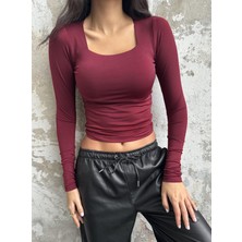 Minaaise Bordo Kare Yaka Uzun Kollu Slimfit Basic Body 27053