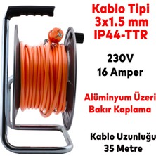 Badem10 Makaralı Seyyar Kablo Kapaklı 4 Prizli Metal Uzatma Kablosu 3x1.5 mm Ttr Kablo 35 Metre