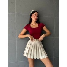 Minaaise Bordo Kare Yaka Kısa Kollu Slimfit Basic Body 27174