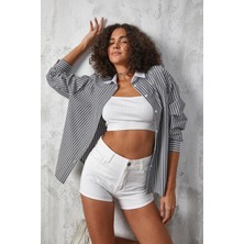 Minaaise Siyah Yakası Beyaz Çizgili Oversize Gömlek 27175