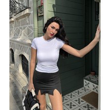 Minaaise Beyaz Bisiklet Yaka Kısa Kollu Slimfit Basic Body 27132