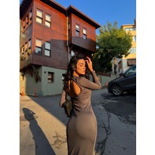 Minaaise Gri Sırtı Açık Bisiklet Yaka Fitted/vücuda Oturan Uzun Elbise 26288