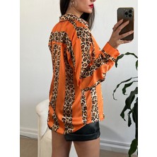 Minaaise Oranj Saten Leopar Desen Gömlek 25283