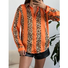 Minaaise Oranj Saten Leopar Desen Gömlek 25283