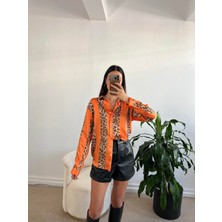 Minaaise Oranj Saten Leopar Desen Gömlek 25283
