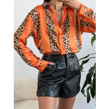 Minaaise Oranj Saten Leopar Desen Gömlek 25283