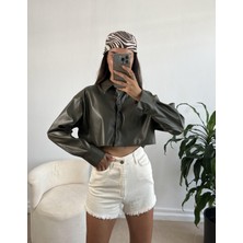 Minaaise Haki Crop Deri Gömlek 26062