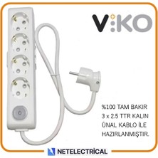 Viko Multi-Let 4'lü 3 Metre Anahtarlı Topraklı Çocuk Korumalı Kablolu Grup Priz (3x2.5 Ttr Tam Bakır Kalın Kablolu)