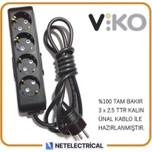 Viko Multi-Let Siyah 4'lü 6 Metre Topraklı Çocuk Korumalı Kablolu Grup Priz (3x2.5 Ttr Tam Bakır Kalın Kablolu