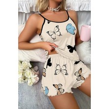 Bella Notte Kadınlar İçin Kelebek Desenli 2 Parça Şortlu Pijama Takımı Bej Renkli Şık Seçim