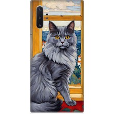 Teknomeg Samsung Galaxy Note 10 Plus Uyumlu Kül Rengi Tüylü Kedi Desenli Silikon Kılıf