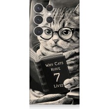 Teknomeg Samsung Galaxy S23 Ultra Uyumlu Kitap Okuyan Kedi Desenli Silikon Kılıf