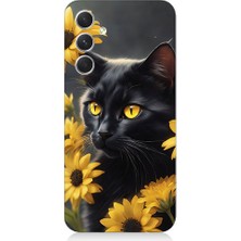 Teknomeg Samsung Galaxy S23 Fe Uyumlu Sarı Çiçekler ve Kara Kedi Desenli Silikon Kılıf