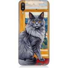 Teknomeg Samsung Galaxy M10 Uyumlu Kül Rengi Tüylü Kedi Desenli Silikon Kılıf