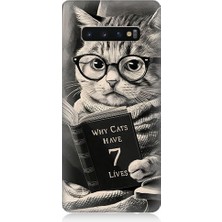 Teknomeg Samsung Galaxy S10 Uyumlu Kitap Okuyan Kedi Desenli Silikon Kılıf