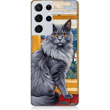 Teknomeg Samsung Galaxy S21 Ultra Uyumlu Kül Rengi Tüylü Kedi Desenli Silikon Kılıf