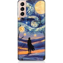 Teknomeg Samsung Galaxy S21 Uyumlu Güneş Sistemi,  Gece ve Insan Desenli Silikon Kılıf