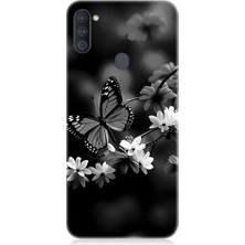 Teknomeg Samsung Galaxy M11 Uyumlu Siyah Beyaz Kelebek ve Çiçek Desenli Silikon Kılıf