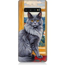 Teknomeg Samsung Galaxy S10 Uyumlu Kül Rengi Tüylü Kedi Desenli Silikon Kılıf
