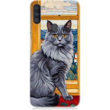 Teknomeg Samsung Galaxy M11 Uyumlu Kül Rengi Tüylü Kedi Desenli Silikon Kılıf