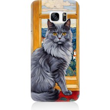 Teknomeg Samsung Galaxy S7 Edge Uyumlu Kül Rengi Tüylü Kedi Desenli Silikon Kılıf
