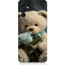 Teknomeg Samsung Galaxy M14 Uyumlu Peluş Ayı ve Gül Desenli Silikon Kılıf