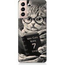 Teknomeg Samsung Galaxy S21 Plus Uyumlu Kitap Okuyan Kedi Desenli Silikon Kılıf