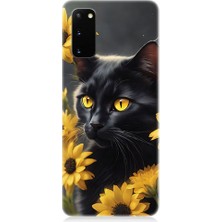 Teknomeg Samsung Galaxy S20 Plus Uyumlu Sarı Çiçekler ve Kara Kedi Desenli Silikon Kılıf