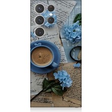 Teknomeg Samsung Galaxy S23 Ultra Uyumlu Mavi Çiçekler ve Mektuplar Desenli Silikon Kılıf