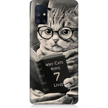 Teknomeg Samsung Galaxy M51 Uyumlu Kitap Okuyan Kedi Desenli Silikon Kılıf