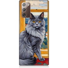 Teknomeg Samsung Galaxy Note 20 Uyumlu Kül Rengi Tüylü Kedi Desenli Silikon Kılıf