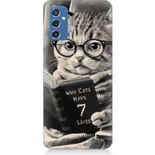 Teknomeg Samsung Galaxy M52 Uyumlu Kitap Okuyan Kedi Desenli Silikon Kılıf