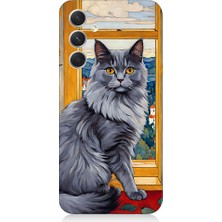 Teknomeg Samsung Galaxy S24 Uyumlu Kül Rengi Tüylü Kedi Desenli Silikon Kılıf