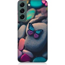 Teknomeg Samsung Galaxy S22 Uyumlu Kelebek ve Renkli Taşlar Desenli Silikon Kılıf