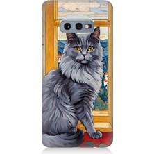 Teknomeg Samsung Galaxy S10E Uyumlu Kül Rengi Tüylü Kedi Desenli Silikon Kılıf