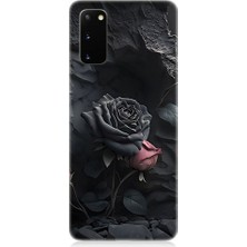 Teknomeg Samsung Galaxy S20 Plus Uyumlu Siyah ve Pembe Gül Desenli Silikon Kılıf
