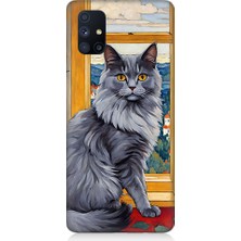 Teknomeg Samsung Galaxy M51 Uyumlu Kül Rengi Tüylü Kedi Desenli Silikon Kılıf