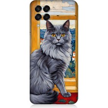 Teknomeg Samsung Galaxy M33 Uyumlu Kül Rengi Tüylü Kedi Desenli Silikon Kılıf