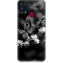 Teknomeg Samsung Galaxy M31 Uyumlu Siyah Beyaz Kelebek ve Çiçek Desenli Silikon Kılıf