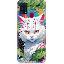 Teknomeg Samsung Galaxy M31 Uyumlu Beyaz Kedi ve Ejder Meyvesi Desenli Silikon Kılıf