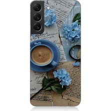 Teknomeg Samsung Galaxy S22 Plus Uyumlu Mavi Çiçekler ve Mektuplar Desenli Silikon Kılıf