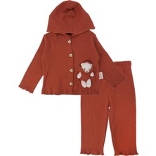 Bebelop Kız Bebek Düğmeli Ayıcıklı Kapüşonlu Raporlu 2'li Alt Üst Takım