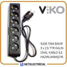 Viko Multi-Let Siyah 6'lı 5 Metre Topraklı Çocuk Korumalı Kablolu Grup Priz (3x2.5 Ttr Tam Bakır Kalın Kablolu)