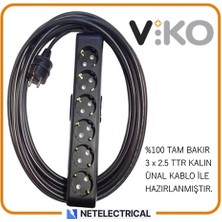 Viko Multi-Let Siyah 6'lı 25 Metre Topraklı Çocuk Korumalı Kablolu Grup Priz (3x2.5 Ttr Tam Bakır Kalın Kablolu)