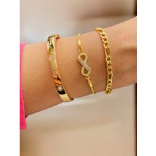 Xesha Altın Kaplama 3 Lü Kombin Bileklik Seti Gold Renk Kadın Zincir Bilezik Künye Asansör Pandora