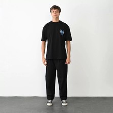 Tarz Yeri Unisex Bisiklet Yaka Baskılı Oversize T-Shirt - Siyah