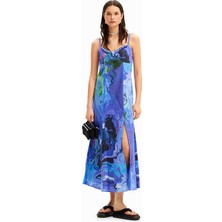 Desigual Kalp Yaka Desenli Mavi Uzun Kadın Elbise 24SWVW80