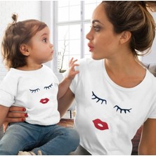 Kids Face Özel Tasarım Bisiklet Yaka Kırmızı Ruj Baskılı Pamuk Yeni Stil Anne-Çocuk Kombini T-Shırt
